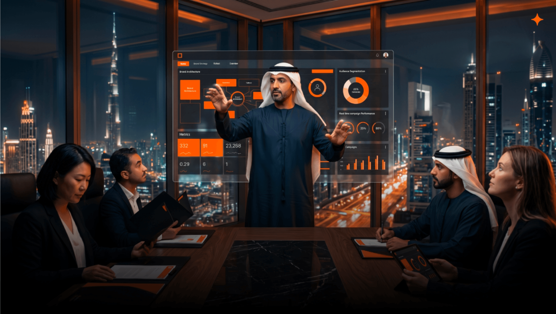 Team workshop reviewing an interactive branding performance dashboard for Dubai brands (strategy, UX and analytics)